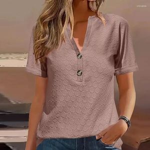 Women's T Shirts Female Casual Solid Color Pullover Tops Elegant V Neck Short Sleeve Commute Blouse Fashion Summer Button High Street Loose