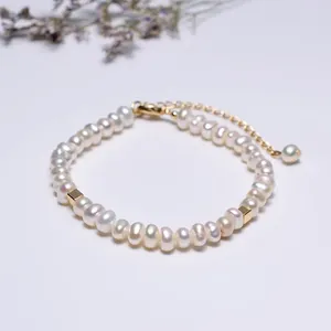 Link Bracelets 4-5mm Beads Bracelet With Cube Decoration Bangle 21cm Adjustable Natural Pearl