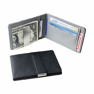 hot Sale Fi Solid Men's Thin Bifold Mey Clip Leather Wallet with A Metal Clamp Female ID Credit Card Purse C Holder m5uw#