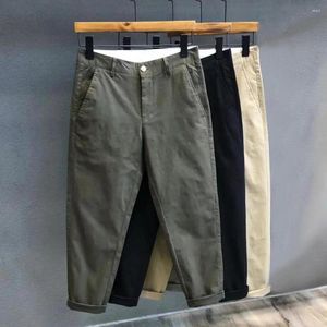 Calças masculinas abotoadas com zíper cor sólida elegante slim fit nono com bolsos fecho de zíper confortável para tornozelo