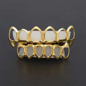 Neue Hip Hop Custom Fit Grill Sechs hohle offene Gesicht Gold Mund Grillz Caps oben unten mit Silikon Vampirzähne Set271B