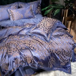 Luxury Blue Gold Grey Smooth Soft Bedding Set Satin Jacquard Cotton Queen King Däcke täcker Bedblad Kuddfästen Hemtextiler 240322