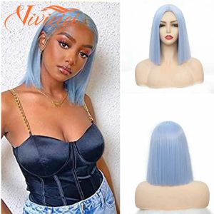 Wigs Vivieiei L Blue Bob Wig No Bangs12インチ短い合成繊維ボブウィッグ