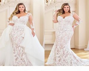 Impressionante Plus Size Sereia Vestidos de Noiva de Renda Com Trem Destacável Mangas Compridas Vestidos de Noiva Querida Pescoço Trompete Vestidos D1780115