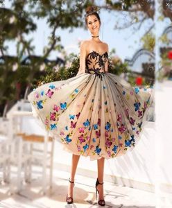 3D Butterfly Colorful Prom Dresses 2019 Tea Length Short Strapless Black Lace Homecoming Party Gowns Customize Plus Size2369208