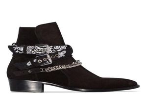 브랜드 새로운 남자 ami ri bandana strap buckled alkle boots 검은 가죽 스웨이드 다중 두건 프린트 사이드 벅들 스트랩 신발 9834585