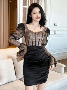 Casual Dresses Women's Vintage Elegant Prom Lady See Through Lace Bubble Sleeve Folds Mini Gown French Princess Party Vestidos Autumn