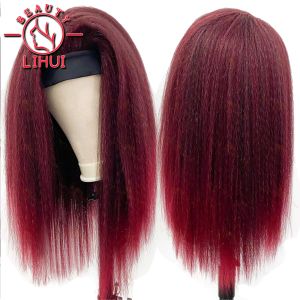 Perücken LIHUI weinrote Stirnband-Perücke für Frauen, synthetische Perücke, Yaki, verworrene gerade Kopfband-Perücken, langes Ombre-Afro-Käferhaar, Heißwasser-Set