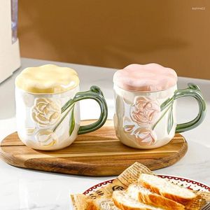 Mugs Relief Rose Flower Ceramic Mug Coffee Milk Cup Tea Ins Style Hand-painted Design Couple Girl Romantic Drinkware Gift