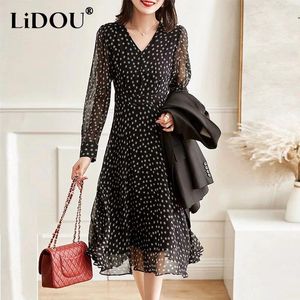 Casual Dresses Spring Summer V-neck Polka Dot Printing Waist Long Sleeve Robe Femme Elegant Fashion Dress Ladies Slim Midi