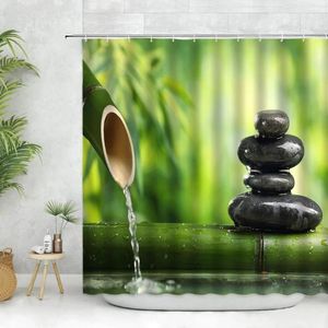 Cortinas de chuveiro zen pedra cortina folha verde planta flor bambu paisagem spa parede pano decoração banheiro ganchos tecido poliéster