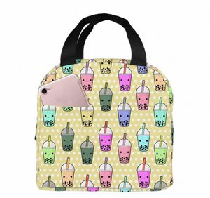 Boba Tea Borse pranzo isolate per donna Borsa termica Tote Bag con tasca frontale Lunch Box Borsa pranzo riutilizzabile per uomini Adulti Ragazze w2F4 #