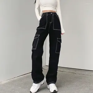 Kvinnors jeans harajuku fickor lapptäcke baggy kvinnor 2024 Autumn Black Wide Leg Denim Trousers Woman Streetwear Loose Cargo Pants