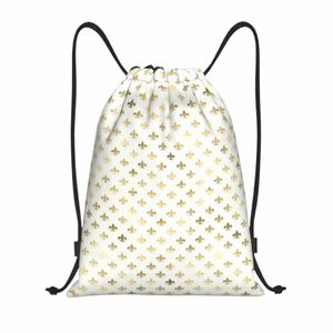 elegante ouro e branco flor de lis padrão cordão saco portátil ginásio esportes sackpack lírio fr formação armazenamento mochilas l9q9 #