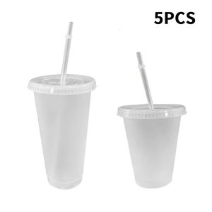 5pcs 16/24oz tumbler com tampas e canudos garrafa de água de plástico reutilizável palha copos de café verão água fria copos de palha 240315