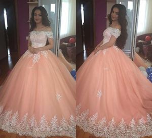 Sweet 16 персиковых платьев Quinceanera 2020 с аппликациями на плечах и пышным корсетом сзади, бальное платье принцессы 15 лет, платье для выпускного вечера для девочек5505424