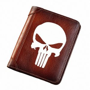 Högkvalitativ äkta läder Men plånböcker Militärskalle symbol Utskrift Kort korthållare Purse Billfold Men's Plånbok D0DK#