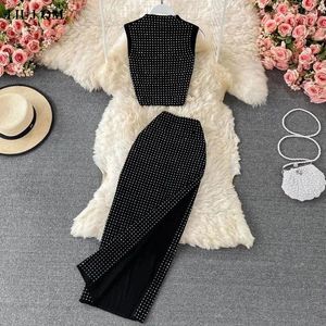 Vestidos de trabalho verão malha perfuração vestido define cintura alta sexy saco hip split midi saias das mulheres 2024 colheita topos duas peças conjunto saia feminina