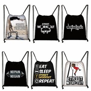 Calisthenics Print Drawstring Bags Street Workout Backpack Outdoor Gym No Pain No Gain Storage Bags for Travel Shoes Holder 16eo＃