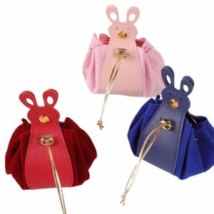 Pu couro veet drawstring saco estilo coreano saco de armazenamento festivo saco de açúcar balde ano novo carto coelho orelha bolsa h58l #