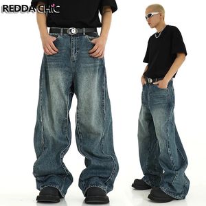 Reddachic Twisted Seam Men baggy jeans Retro Blue Whiskers Patchwork Wide Leg Casual Overized Pants Skater Hiphop Streetwear 240325