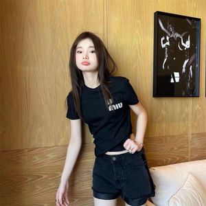 mui Designer women's t-shirt m home bestseller loose fitting rhinestone letter cotton round neck temperament commuting embedded diamond miuiu T-shirt 247