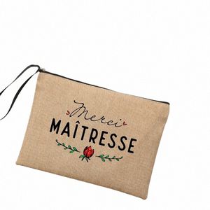 LINEN Makeup Väskor Tack lärare French Print Simple Wristlet Clutch Bag Beach Statiery Storage Travel Organizer Case Gifts D1ia#