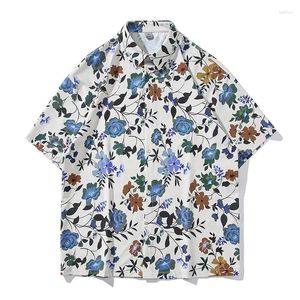 Camisas casuais masculinas verão oversize baggy camisa homens flor impressa praia moda coreano streetwear botão de manga curta tops roupas masculinas