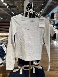 Kadın Tişörtleri Vintage Katı Temel Uzun Kollu Gömlek Kadınlar Seksi Kare Yaka Gri Pamuk Bahar Tees Giysileri Basit Tatlı İnce mahsul üstü