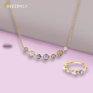 Sets 925 Sterling Silver Gold Plated Gemstone Natural Topaz Amethyst Ring Necklace Jewelry Set Christmas New Year Gift For Women