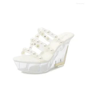 Slippers Pearl Wedge Fairy High Heel Women's Shoes Catwalk Pole Dance Crystal Sole 10cm 4cm Platform LFD