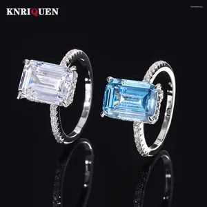 Cluster Rings 2024 925 Real Silver 8 11mm Aquamarine High Carbon Diamond For Women Gemstone Wedding Bands Party Fine Jewelry