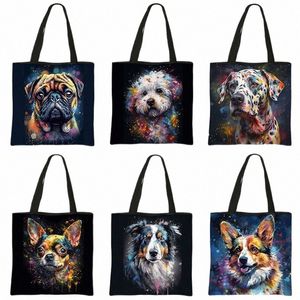 watercolor Graffiti Dogs Print Shoulder Bag Women Corgi Dalmatians Totes Bags Large Capacity Handbag Reusable Shop Bags Gift s9R5#