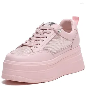 Casual Shoes 8cm Genuine Leather Mesh Women White Pink Platform Wedge Hidden Heel Chunky Sneakers Skateboard