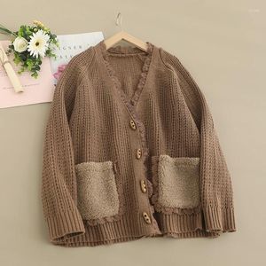 Kadın Örgü Lady Sweater V Neck 2024 İlkbahar Yaz Gevşek İnce Hardigan Cepleri Mori Kız Moda Örgü Kadın Palto Yoyikamomo