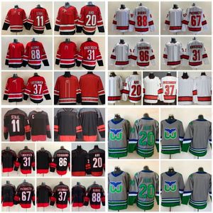 Mens 20 Sebastian aho 하키 유니폼 11 Staal 37 Andrei Svechnikov 86 Teuvo Teravainen 31 Frederik Andersen 8 Brent Burns 67 Max Pacioretty Reverse Retro Red Shirts