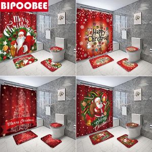 Duschvorhänge Weihnachtsmann Roter Vorhang Frohe Weihnachten Badezimmer Set Weihnachten Festival Dekor Badematte Toilettendeckel Deckel Anti-Rutsch-Teppich