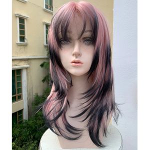 Wigs HOUYAN synthetic Long wavy pink black highlights gradient female wig Lolita cosplay hot party wig with fringe