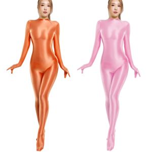 Tute Sexy Collant lucidi setosi cerniera posteriore Muta Yoga Zentai Taglie forti Salopette da ciclismo Tute Cosplay body lucido shapewear