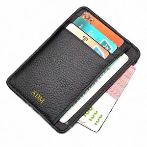 Cowhide äkta läder kreditkortshållare Pebble Grain Candy Color Coin Purse Multi Slot Slim Card Case Custom Name 97UU#