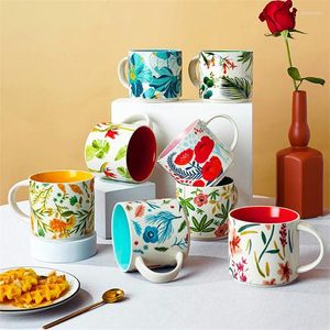 Mugs Creative Flower Bird Pattern Ceramic Mug 450ml Large Capacity Coffee Cups Home Office Milk Tea Breakfast Cup With Handld Gift