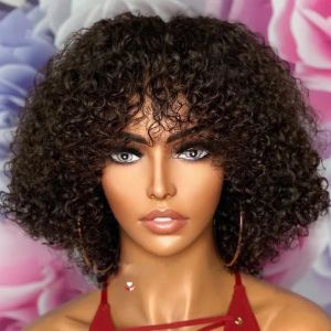 Joedir Short Natural Pixie Bob Jerry Curly Cut Human Hair Wigs With Bangs Brasiliansk mänsklig peruk Höjdpunkt Färgade peruker för kvinnor