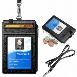 x4ff Badge Holder with Zippper PU Leather Badge Card Holder Wallet for Case 5 Card Slots,1 Clear Window with Secure Cov b9w6#