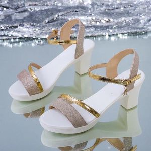 Sapatos de vestido Gold Silver Open Toe Mulheres Sandálias Fivela Verão Moda Senhoras Salto Alto Quadrado Cor Sólida