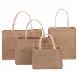 women Jute Tote Bags with Handle Pure Color Handbag Reusable for Crafts Grocery Shop Gift Packaging Supplies 443d#