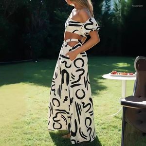 Work Dresses European And American Summer Bubble Sleeve Top With Hollowed Out Large Hem Long Skirt Split Set Elegant Club Party