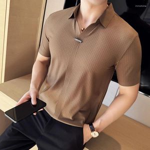 Herrpolos Ice Silk Seamless High Elastic V-Neck Waffle Kort ärm Polo Shirt Thin Breattable Casual Business Lapel T-shirt 2024 Summer