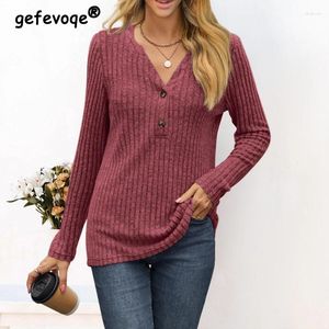 Kadın Tişörtleri 2024 Sonbahar Kış Giyim Vintage Sıradan V Boyun Düğmesi Uzun Kollu T-Shirts Kadın Düz Renk Gevşek Yüzük Temel Tops