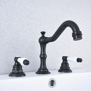 Rubinetti per lavabo bagno Lavabo in ottone nero montato su piano 3 fori doppia maniglia e miscelatore acqua fredda Tsf542