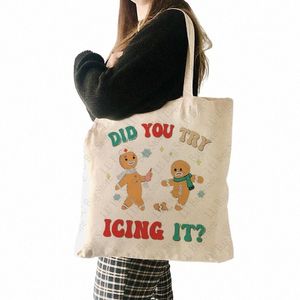 funny Christmas Nurse Did You Try Icing It Pattern Tote Bag Canvas Shoulder Bags for Daily Commute Women's Reusable Shop Bag d6De#